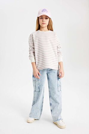 DeFacto Kız Çocuk Relax Fit Bisiklet Yaka Çizgili Sweatshirt B7378A824SPPN426