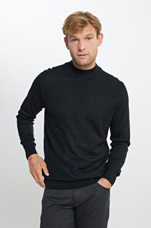 Yünlü Sıcak Tutan Standart Fit Normal Kesim Yarım Balıkçı Yaka Jakarlı Triko Kazak