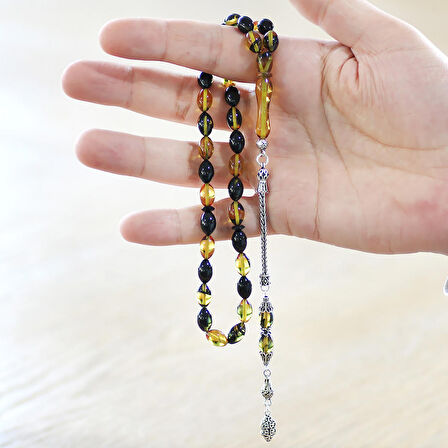 925 Ayar Gümüş Püsküllü Arpa Kesim Sarı-Siyah Ateş Kehribar Tesbih