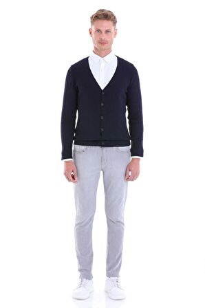 Lacivert V Yaka Regular Fit Yünlü Triko Hırka | S