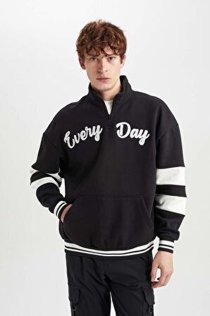 DeFacto Oversize Fit Dik Yaka Fermuarlı Baskılı Sweatshirt B1650AX23AUBK81
