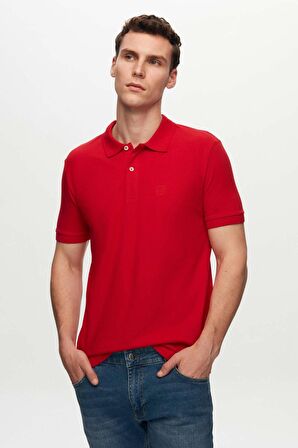 Regular Fit Kırmızı Pike Dokulu %100 Pamuk Kıvrılmaz Polo Yaka Nakışlı T-shirt 4HC14ORT51000