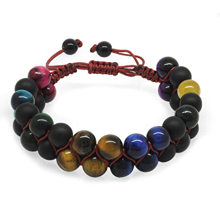 Çift Sıra Makrome Örgülü Küre Kesim Çoklu Kaplangözü Doğaltaş Kombinli Kadın Enerji Bilekliği