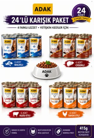 Adak 24’lü Karışık Kedi Konservesi 415g Büyük Boy – Yetişkin Kediler İçin Yaş Mama Seti