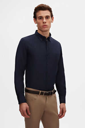 Ds Damat Slim Fit Lacivert Oxford Düğmeli Yaka Kolay Ütülenebilir Nakış Detaylı Pamuklu Gömlek 4HC02ORT03265 4HC02ORT03265