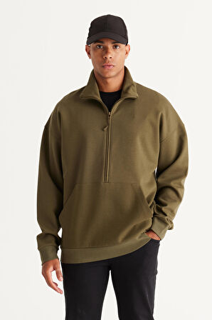 Erkek Haki Oversize Bol Kesim Içi Polarlı Iplik Bato Yaka Pamuklu Sweatshirt