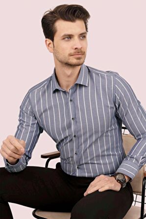 Gri Beyaz Çizgili Slimfit   Gömlek