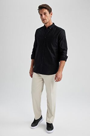 DeFacto Regular Fit Polo Yaka Oxford Basic Düz Uzun Kollu Siyah Gömlek A8028AX23AUBK81