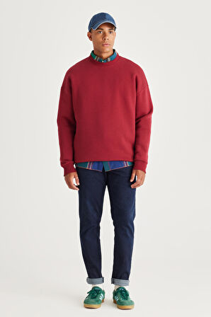 Erkek Bordo Oversize Bol Kesim Içi Polarlı 3 Iplik Bisiklet Yaka Pamuklu Sweatshirt