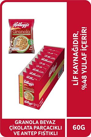 Kellogg's Beyaz Çikolata Parçacıklı&Antep Fıstıklı Granola 60Gr x10Adet,%46 Yulaf içerir,Lif Kaynağı