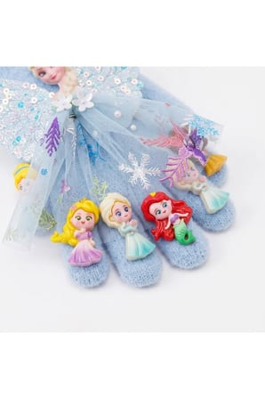 Kız Çocuk Prenses Figürlü Tüllü Likra Örgü Eldiven | 3-8 Yaş Parmak Ucu 3D Bebekli Sıcak Tutan Kışlık