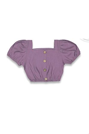 Karpuz Kollu Kız Çocuk Crop Tişört Lila