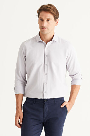 Erkek Gri Slim Fit Dar Kesim Italyan Yaka Armürlü Gömlek