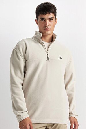 Relax Fit Dik Yaka Fermuarlı Polar Sweatshirt