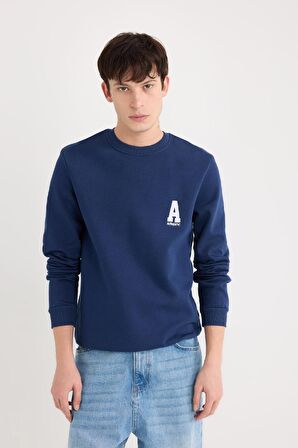 Lacivert New Regular Fit Bisiklet Yaka Baskılı Kalın Kumaş Sweatshirt