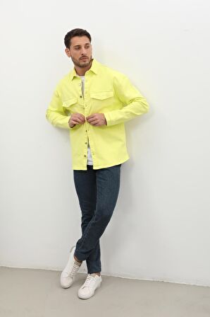 Erkek Oversize Jean Gömlek Neon Yeşil