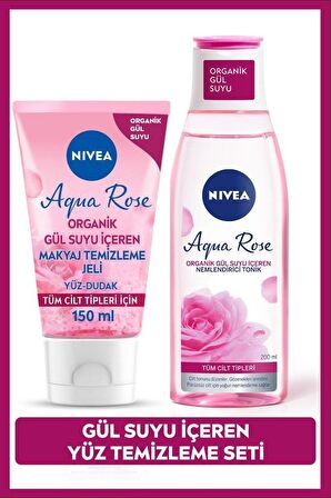 NIVEA Aqua Rose Organik Gül Suyu İçerikli Yüz Temizleme Jeli 150ml ve Nemlendirici Tonik 200ml, Makyaj Temizleyici, Yüz Bakım