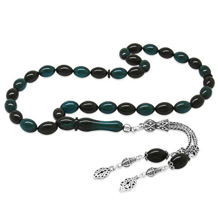 925 Ayar Gümüş Çift Püsküllü Arpa Kesim Turkuaz-Siyah Ateş Kehribar Tesbih