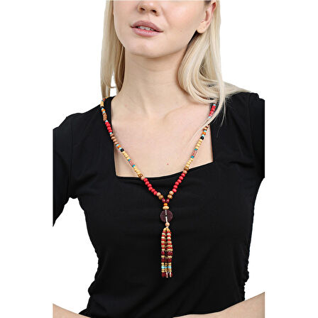 Tesbihane El Yapımı Etnik Ahşap Kombinli Kırmızı Renk Geçişli Tekerlek Detaylı Otantik Kolye