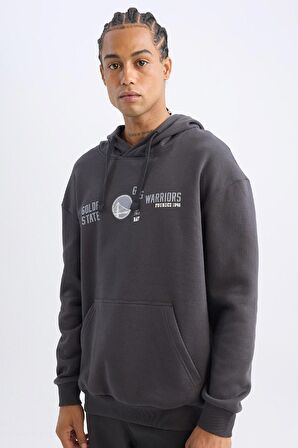 DeFactoFit NBA Golden State Warriors Boxy Fit Kapüşonlu Baskılı Kalın Sweatshirt D0674AX24AUAR231