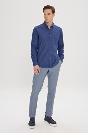 Erkek Lacivert Tailored Slim Fit Oxford Düğmeli Yaka Keten Görünümlü %100 Pamuk Flamlı Gömlek