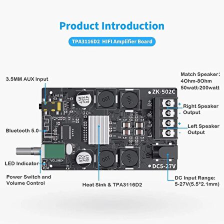 ZK-502C TPA3116D2 Bluetooth 2x50W Amplifikatör Modülü