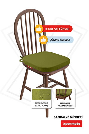 XPERMATE StandartFit Oval Sandalye Minderi Fermuarlı Yıkanabilir Kılıf Bağcıklı Su ve Yağ İtici 42x42x5 Yeşil