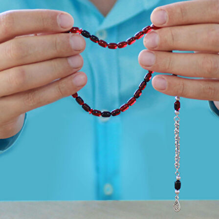 Kararmaz Metal Arnavut Püsküllü Kapsül Kesim Kırmızı-Siyah Bilek Boy Ateş Kehribar Tesbih