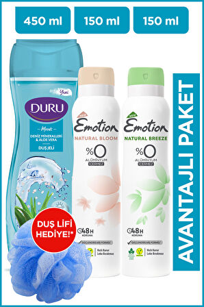 Duru Moods Deniz Mineralleri Duş Jeli 450 Ml+Emotion Natural Bloom & Breeze Kadın Deodorant 2x150 Ml