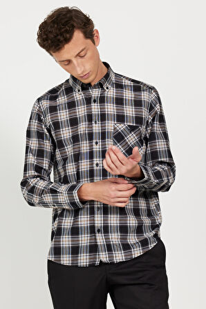 Erkek Siyah-Kahverengi Slim Fit Dar Kesim Düğmeli Yaka Pamuklu Gömlek