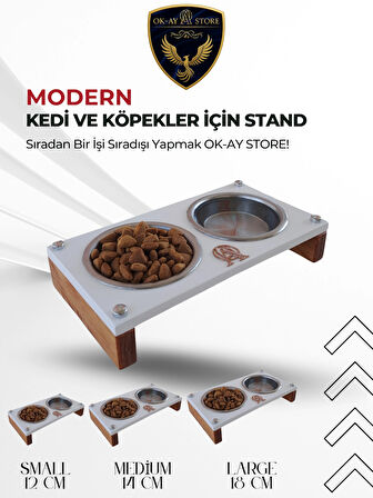   Paslanmaz Çelik Kaseli Kedi Köpek Mama ve Su Kabı Standı – Ahşap Gövde, Kaymaz Tabanlı (Medium)