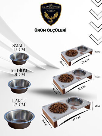   Paslanmaz Çelik Kaseli Kedi Köpek Mama ve Su Kabı Standı – Ahşap Gövde, Kaymaz Tabanlı (Medium)