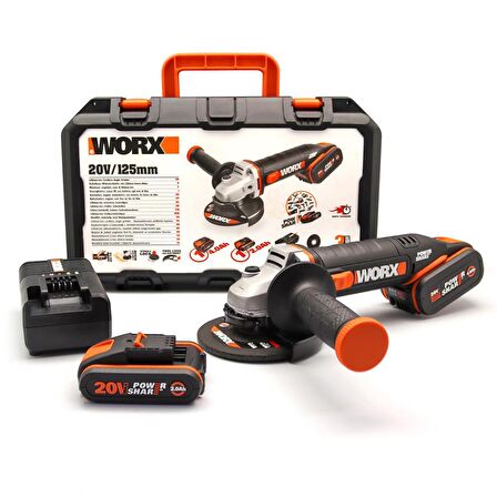 WORX WX803 20Volt 2.0/4.0 Ah. Li-ion Çift Akülü 125mm Profesyonel Şarjlı Avuç Taşlama 