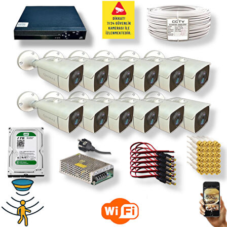 12 Kamerali Set - Hareket Algilayan Gece Görüşlü 24 Smd Led 5mp Sony Lensli 1080p Full Hd Metal Kasa Güvenlik Kamerasi Seti 6224