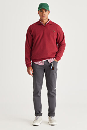 Erkek Bordo Loose Fit Içi Polarlı 3 Iplik Polo Yaka Jakarlı Sweatshirt