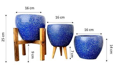 Ev Dekorasyon Lacivert Granit Toprak Saksı Saksılık Salon Çiçeklik Üçlü Set - 15 CM