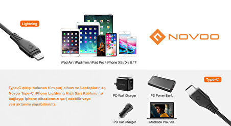 Novoo Type-C iPhone Lightning Hızlı Şarj Kablosu Siyah 1.2 Metre