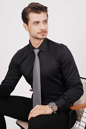 Gömlek Kravat Seti ( sunda Siyah Gri Desenli Kravat & Siyah Saten Slimfit Gömlek)