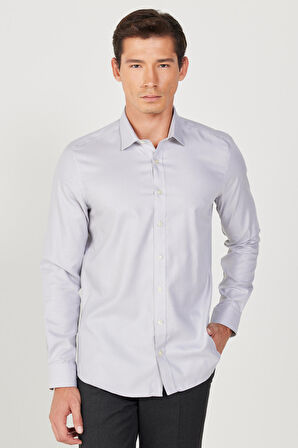 Erkek Gri Ütü Gerektirmez Taılored Slim Fit Dar Kesim Klasik Yaka %100 Pamuk Non-Iron Gömlek
