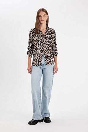 DeFacto Regular Fit Leopar Desenli Poplin Uzun Kollu Gömlek D3148AX24AUBK81