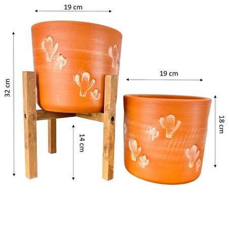 Ev Dekorasyon Aksesuar Kaktüs Desenli Toprak Saksı Saksılık Salon Çiçeklik İkili Set Ayaksız - 4 Ayaklı- 19 CM