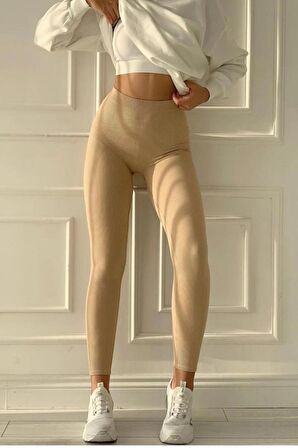 Kadın Kahverengi Yüksek Bel Toparlayıcı Dikişsiz Fitilli Tayt