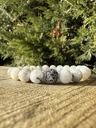 Ay, Gümüş Bileklik - Agathe White Bileklik - Tasarım Bileklik 8mm Esnek Ayarlanabilir