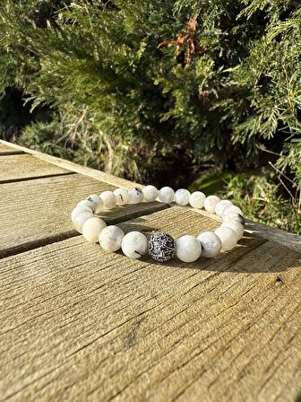 Ay, Gümüş Bileklik - Agathe White Bileklik - Tasarım Bileklik 8mm Esnek Ayarlanabilir