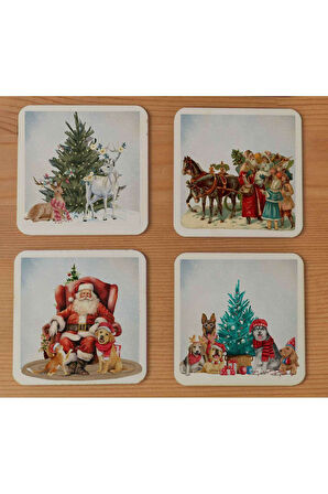 Atölye “nostaljik Noel” Temalı Bardak Altlığı 4’lü Set Ahşap (10X10 CM)