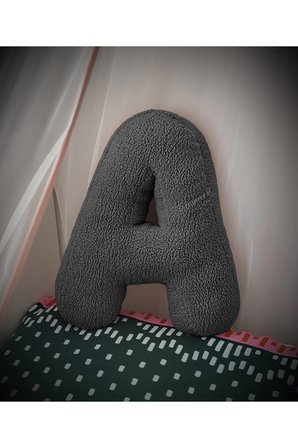 Peluş A Harf yastık , dekoratif kırlent , antrasit teddy kumaş, büyük boy 50 cm