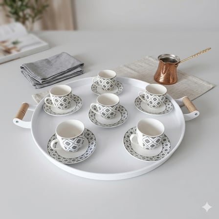 Tepsi Ahşap Kulplu Kaktüs Desenli Metal Çay Kahve Tepsisi 37 Cm Orta Boy Tepsi