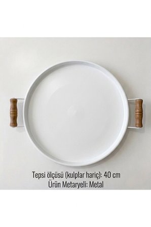 Tepsi -Ahşap Kulplu Büyük Boy Metal Çay Tepsisi Kahve Tepsisi Sunum Kahvaltı Tepsisii-40 cm