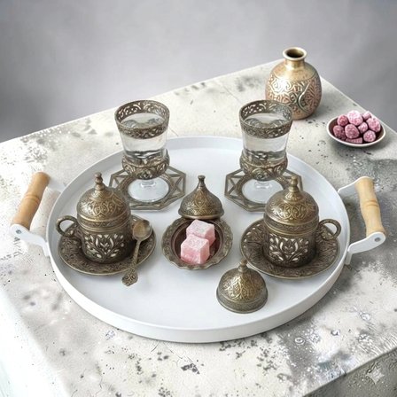 Tepsi Ahşap Kulplu Metal Çay Tepsisi Kahve Tepsisi Sunum Kahvaltı Tepsisi