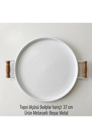 Tepsi Ahşap Kulplu Metal Çay Tepsisi Kahve Tepsisi Sunum Kahvaltı 37 Cm Orta Boy Tepsi